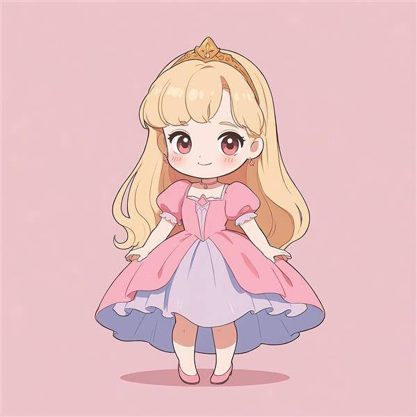 پرنسس چیبی بلوند با لباس صورتی آستین پفی و دامن پف‌دار لایه لایه، وکتور باکیفیت