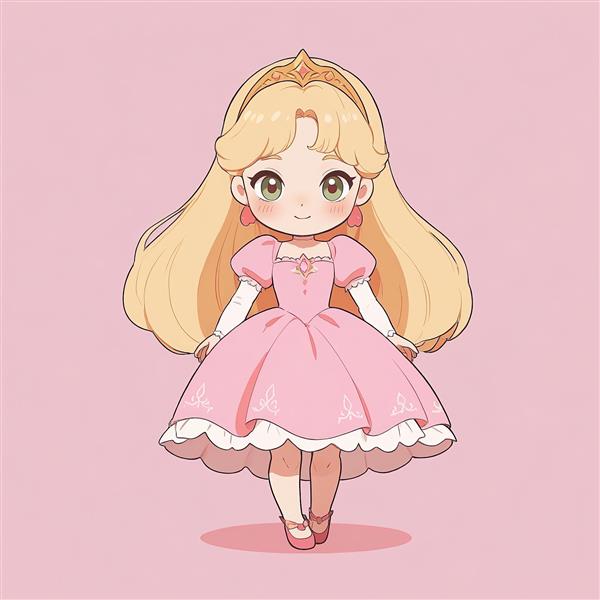 تصویر وکتور پرنسس چیبی کلاسیک با موی طلایی و پیراهن پف‌دار صورتی روشن، استایل دیزنی