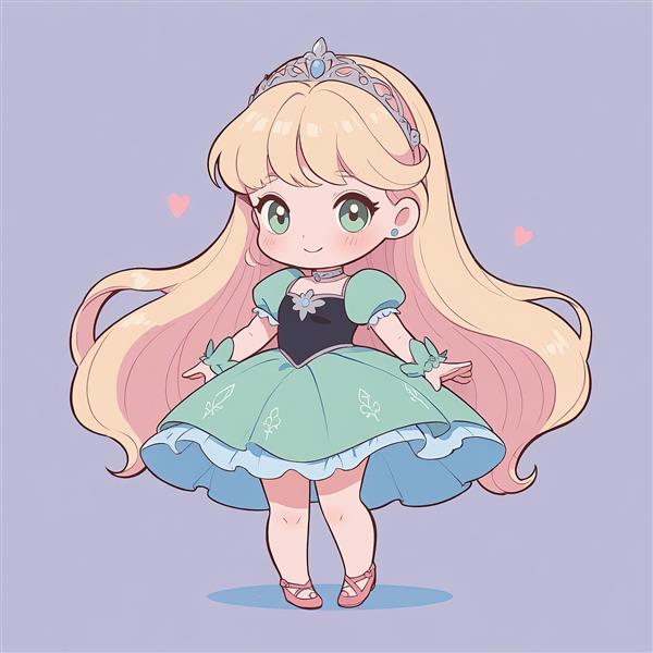 پرنسس فانتزی چیبی با تاج و لباس فیروزه‌ای مشکی در زمینه بنفش روشن، مناسب تابلو