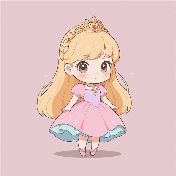 وکتور پرنسس آرورا چیبی با پیراهن صورتی و زیر دامنی آبی، طرح کارتونی بامزه برای تزئینات و محصولات دکوراتیو