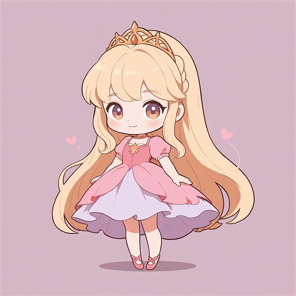 تصویر کارتونی آرورا با لباس صورتی بنفش و قلب‌های فانتزی، وکتور عروسکی مناسب تولید محتوا