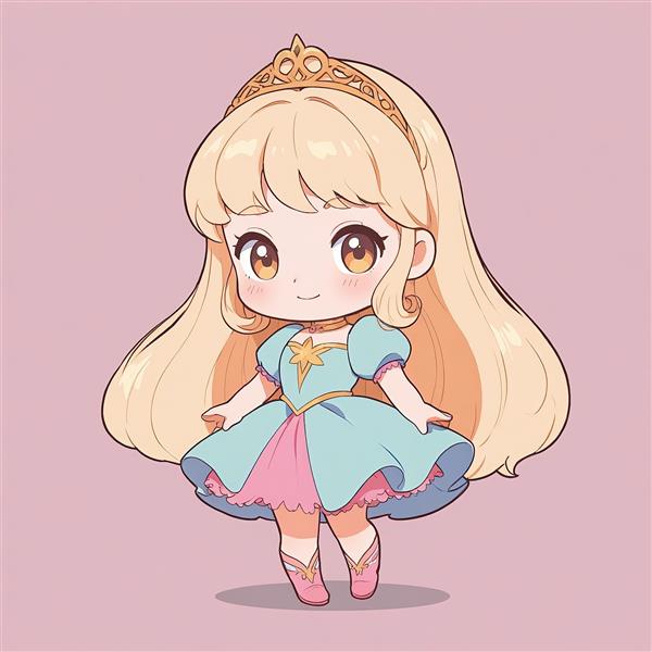 عکس آرورا چیبی با لباس آبی و صورتی و ستاره طلایی، تصویر فانتزی دخترانه زیبای خفته برای تم تولد و تابلو دیواری