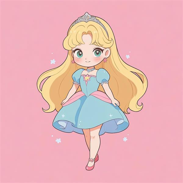 تصویر گرافیکی پرنسس آرورا چیبی در حال قدم زدن با پیراهن آبی و صورتی، کاراکتر زیبای خفته برای محصولات چاپی