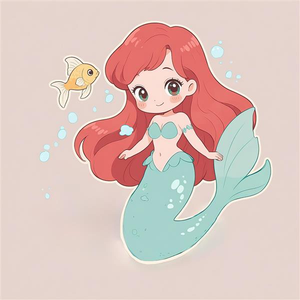 تصویر پری دریایی آریل گوگولی با دم خالدار و ماهی طلایی کوچک (استیکر یا شاسی)