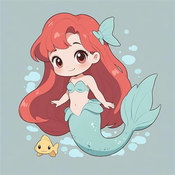 طرح پری دریایی آریل با پاپیون روی مو و ماهی زرد کوچک در زیر آب (پوستر دریایی)