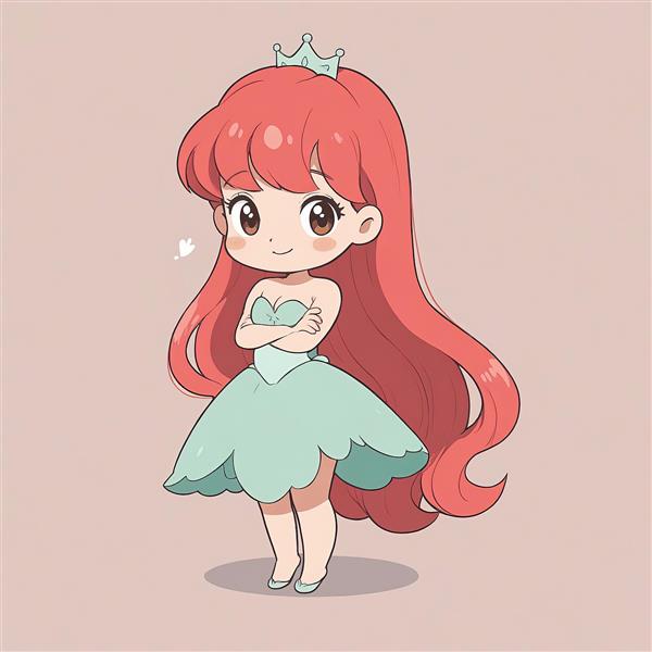 تصویر شاهزاده مو قرمز کارتونی با دامن پره‌ای آبی و پس زمینه صورتی پاستلی