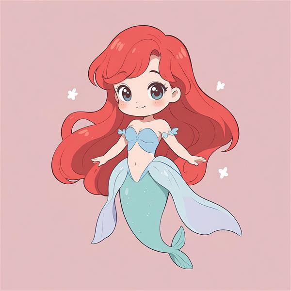 وکتور پری دریایی آریل با دم آبی و دنباله روان و پس زمینه صورتی (درخشان)