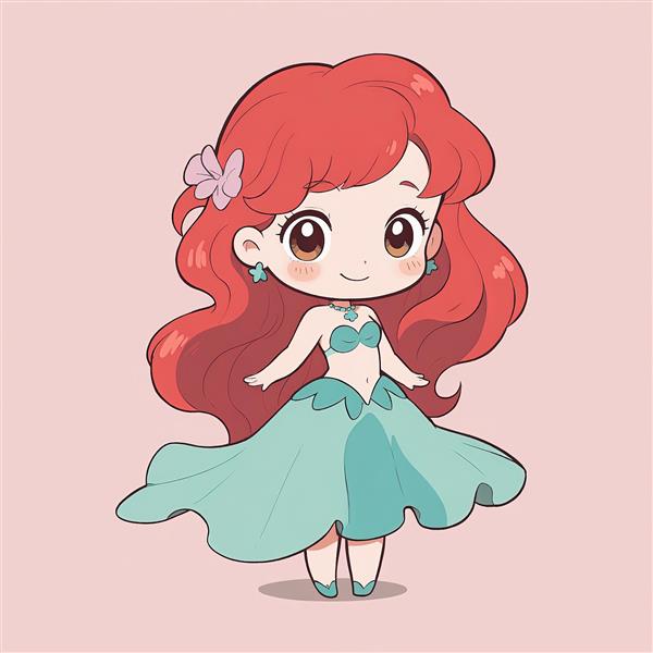 تصویر کارتونی پری دریایی تبدیل شده به انسان با گل سر بنفش و دامن بلند