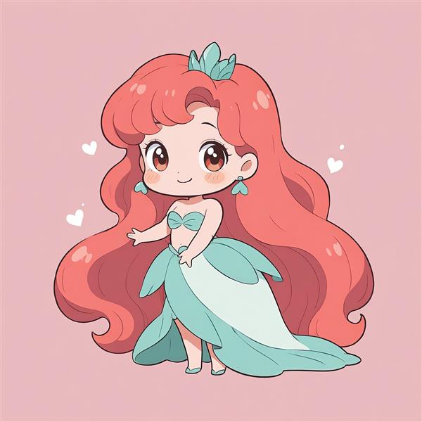 تصویر کاراکتر کارتونی مو قرمز با لباس پری دریایی و تاج صدفی کوچک