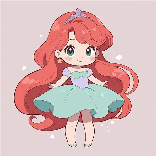 تصویر کارتونی شاهزاده آریل بامزه با تاج یاسی و لباس دامن‌پف‌دار آبی فانتزی