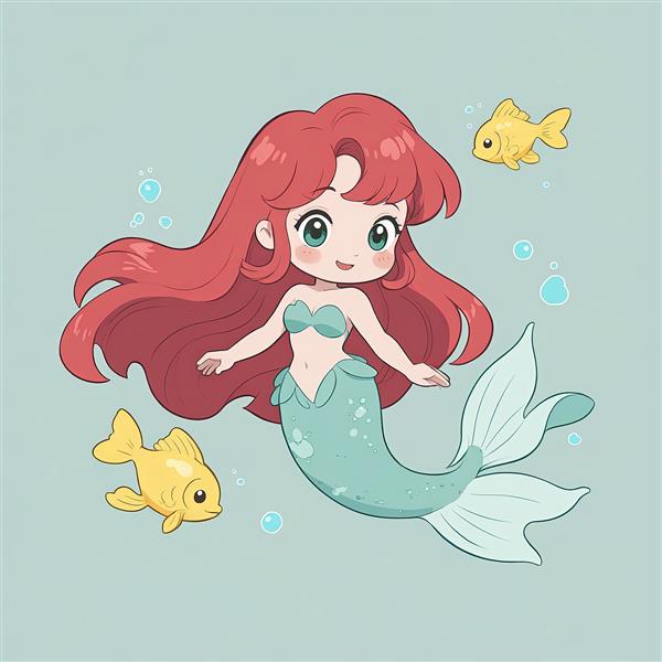 تصویر پری دریایی در حال شنا با دو ماهی کوچک طلایی مناسب چاپ روی شاسی