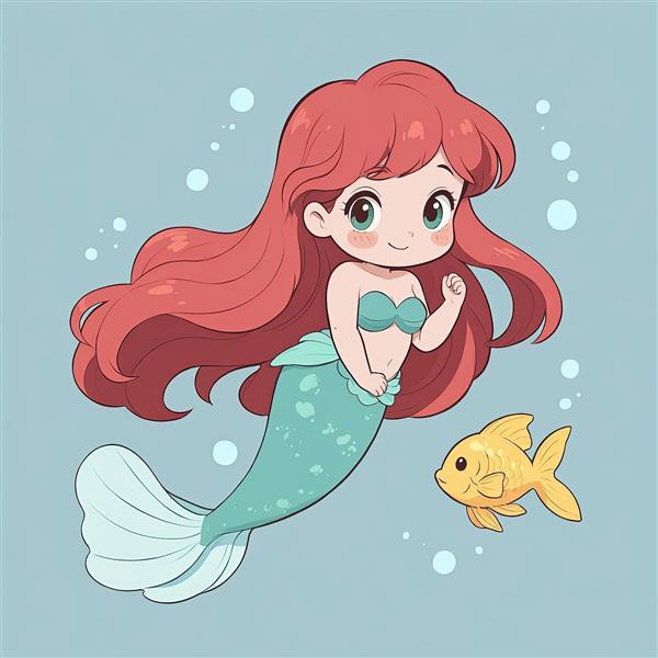 طرح گرافیکی پری دریایی مو قرمز با ماهی طلایی و حباب‌های آب برای دکوراسیون آبی