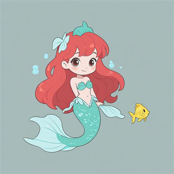 تصویر پری دریایی آریل بامزه در زیر آب همراه با ماهی زرد کوچک و پاپیون آبی