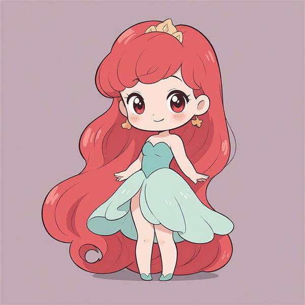 وکتور کاراکتر کارتونی بامزه پرنسس مو قرمز با موهای بلند و لباس پره‌ای برای تابلو