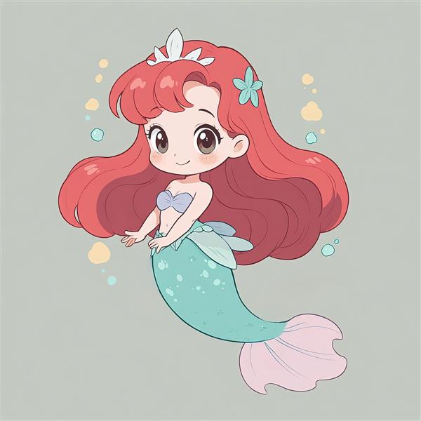 طرح پری دریایی فانتزی کارتونی با تاج و دم خالدار آبی مناسب چاپ پوستر دیواری