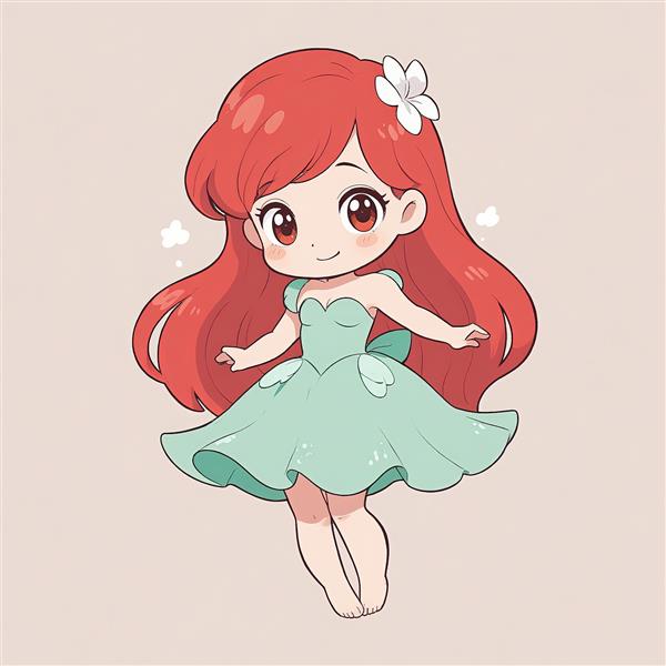 تصویر کارتونی شاهزاده آریل بامزه با گل سفید و لباس مینتی برای دکوراسیون اتاق کودک