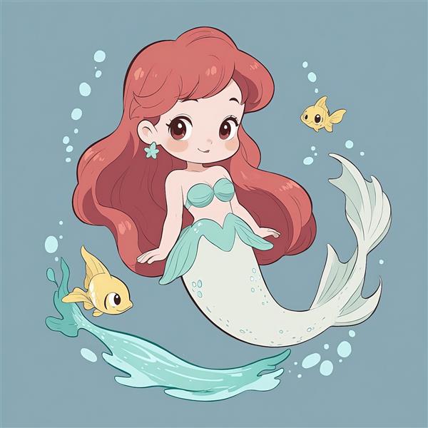 تصویر وکتور پری دریایی آریل در زیر آب همراه با ماهی‌های کوچک و حباب‌ها