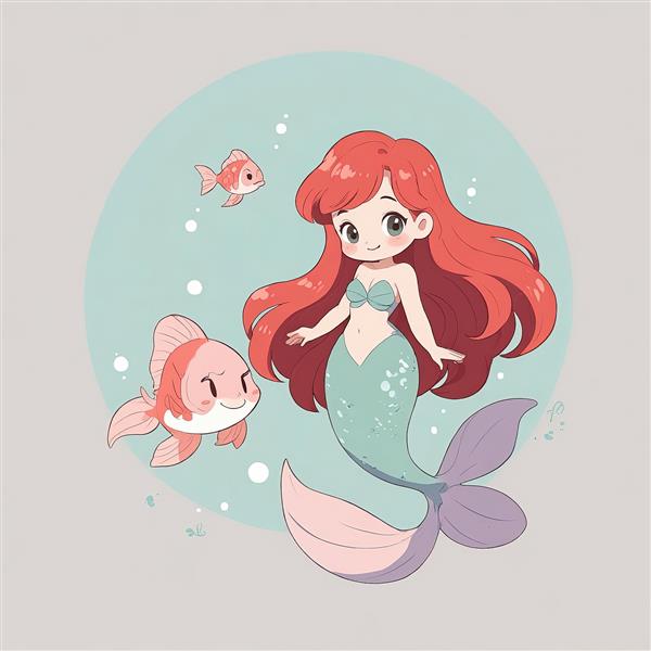 تصویر پری دریایی آریل و ماهی‌های گوگولی در پس‌زمینه آبرنگی