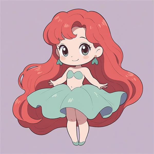 تصویر پری دریایی بامزه کارتونی با دامن چین‌دار آبی و موهای روان برای چاپ پوستر
