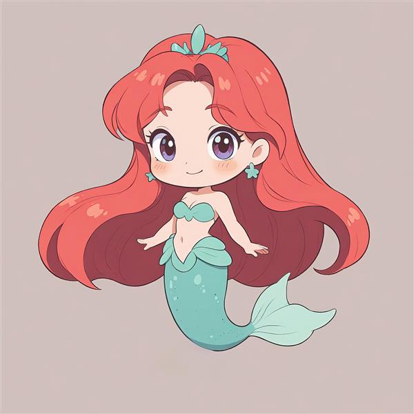 تصویر پری دریایی کارتونی آریل با موهای بلند قرمز و دم آبی برای طراحی وکتور