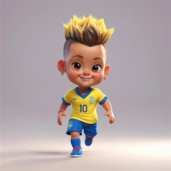 نیمار کارتونی با موهای طلایی، گوشواره و لباس برزیل در حال بازی