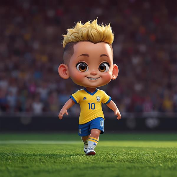 نیمار کارتونی با موهای بلوند در استادیوم فوتبال با پس زمینه تماشاچیان