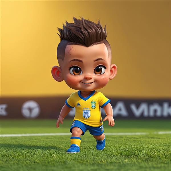 نیمار کارتونی در زمین فوتبال با پس زمینه زرد و لوگوی ورزشگاه