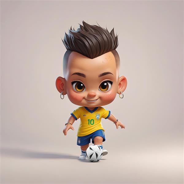 نیمار کارتونی با موهای مدل‌دار و پیراهن شماره 10 برزیل در کنار توپ