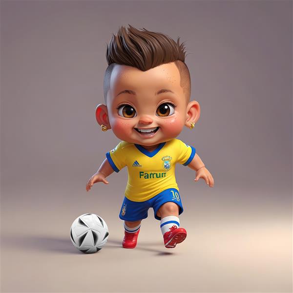 نیمار کارتونی شاد با توپ فوتبال و لباس برزیل در حال دریبل