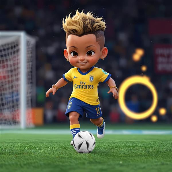 نیمار کارتونی در حال دریبلینگ توپ فوتبال در زمین چمن استادیوم