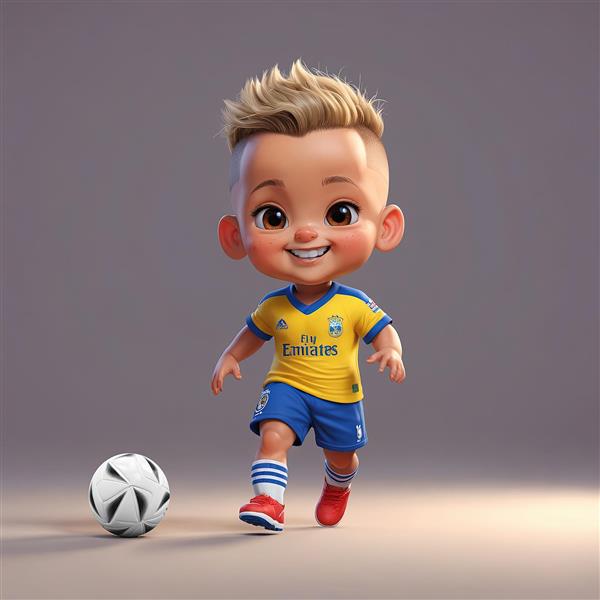 تصویر کارتونی نیمار جوان با کیت زرد و آبی تیم آرسنال و توپ فوتبال