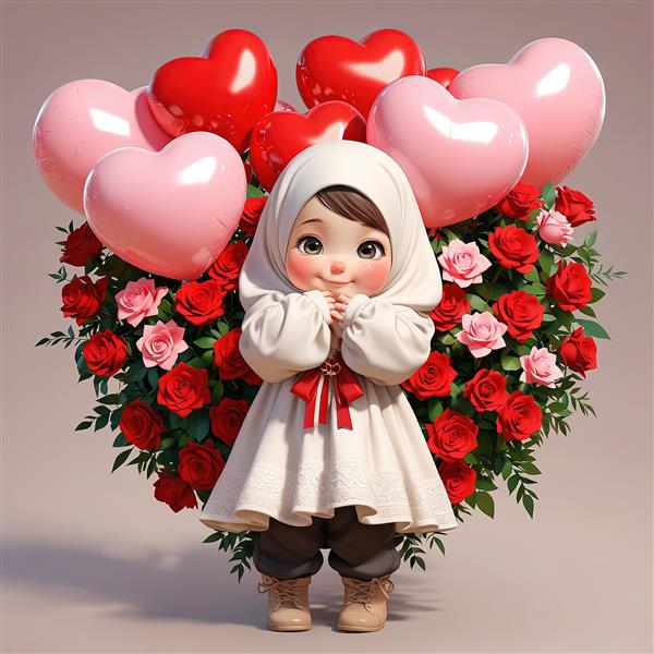 کودک باحجاب کارتونی در میان رزها و بالون‌های قلبی صورتی و قرمز