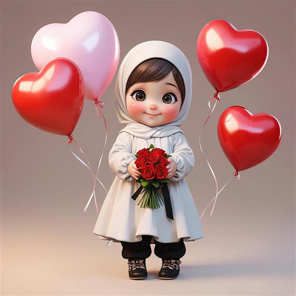 دختر باحجاب کارتونی با لباس سفید، دسته گل کوچک رز و بالون قلبی