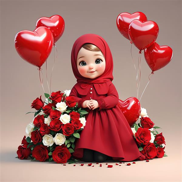 کارتون دختر با لباس قرمز محجبه و دریایی از گل رز و بالون قلب