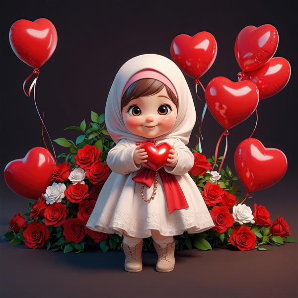 تصویر کارتونی دختر محجبه با قلب قرمز، رز و بالون‌های قلبی