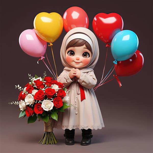 دختر باحجاب با بالون‌های رنگارنگ و دسته گل بزرگ رز (مناسب پوستر)