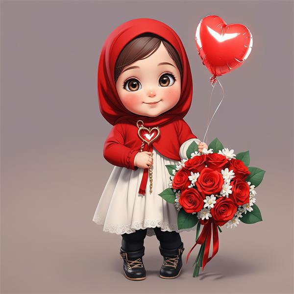 دختر باحجاب کارتونی و دسته گل رز قرمز و سفید و بالون قلب