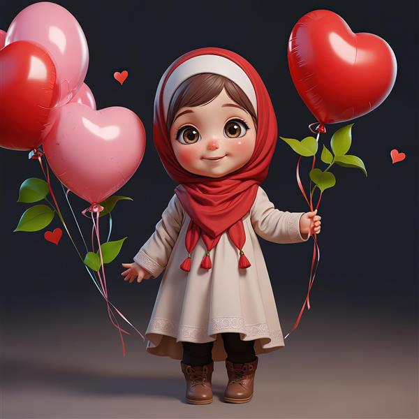 تصویر سه بعدی دختر محجبه با بادکنک قلب و برگ و روسری قرمز برای دکوراسیون