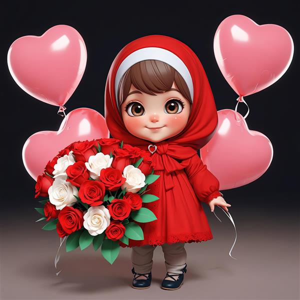 عکس کارتونی دختر با لباس و حجاب قرمز، دسته گل رز و بادکنک قلب صورتی