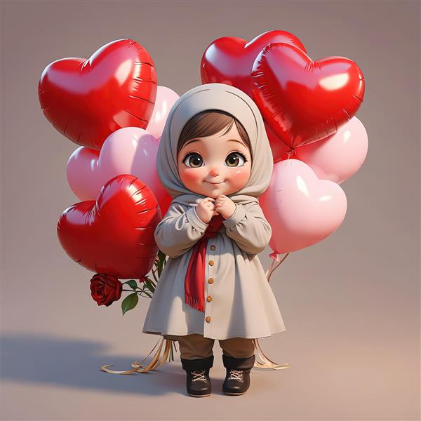 تصویر سه‌بعدی دخترک محجبه و بادکنک‌های قلب قرمز و صورتی برای چاپ پوستر