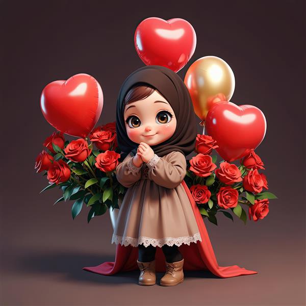 تصویر کارتونی دختر با حجاب مشکی، بادکنک قلب و گل رز برای طراحی تابلو کودک