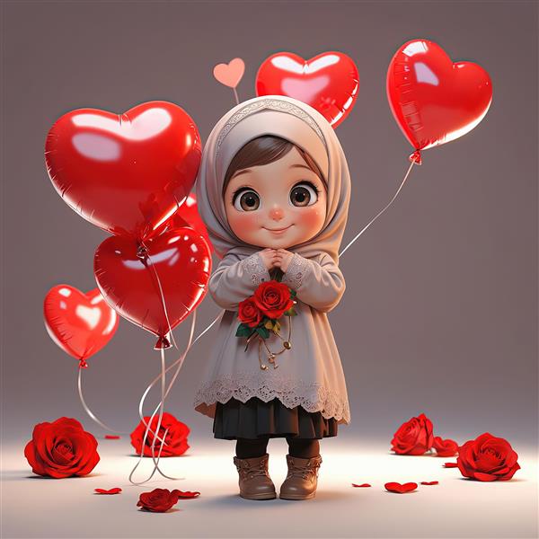 تصویر سه بعدی دختر محجبه با بادکنک‌های قلب و گل رز قرمز برای چاپ دکوراتیو