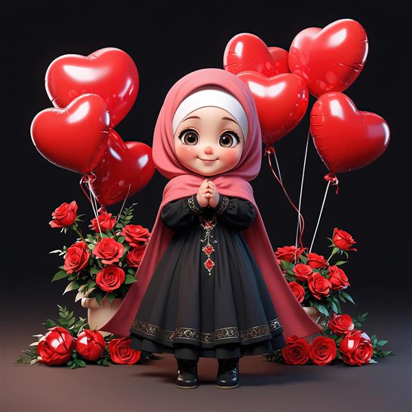 عکس کارتونی دختر با حجاب و لباس مشکی، احاطه شده با گل و بادکنک قرمز