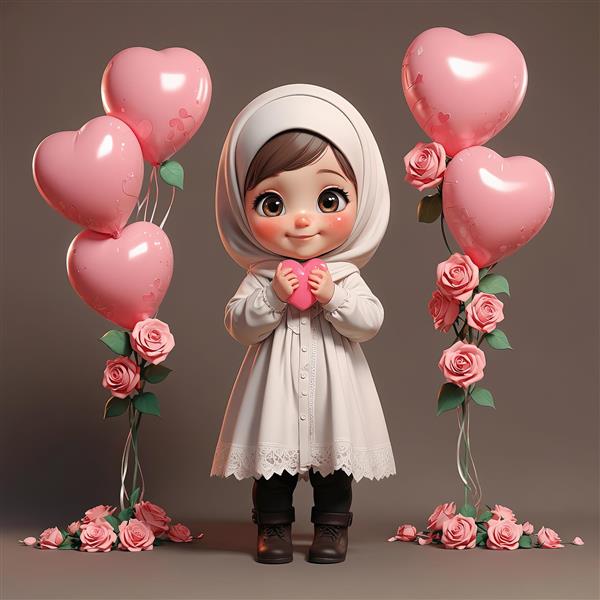 تصویر سه‌بعدی دخترک محجبه با قلب کوچک و ستون‌های بادکنک قلب صورتی و رز