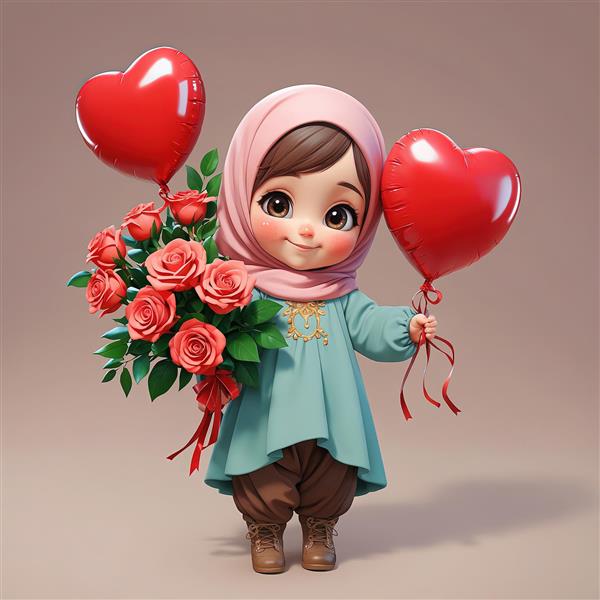 تصویر پروفایل کارتونی دختر محجبه با لباس آبی، دسته گل و دو بادکنک قرمز