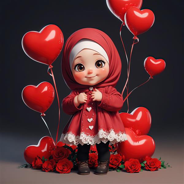 عکس کارتونی دختر با حجاب قرمز، بادکنک‌های قلب و گل‌های رز قرمز برای پوستر
