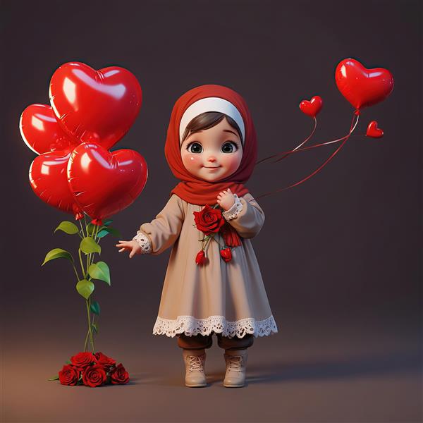 تصویر سه بعدی دخترک محجبه با بادکنک قلب قرمز و گل رز (مناسب چاپ ولنتاین)