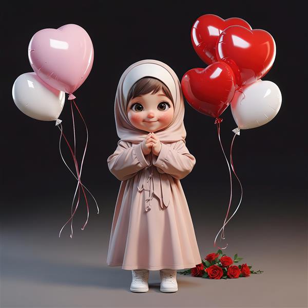 تصویر کارتونی دختر محجبه با بادکنک‌های قرمز و صورتی و رزهای کف استودیو