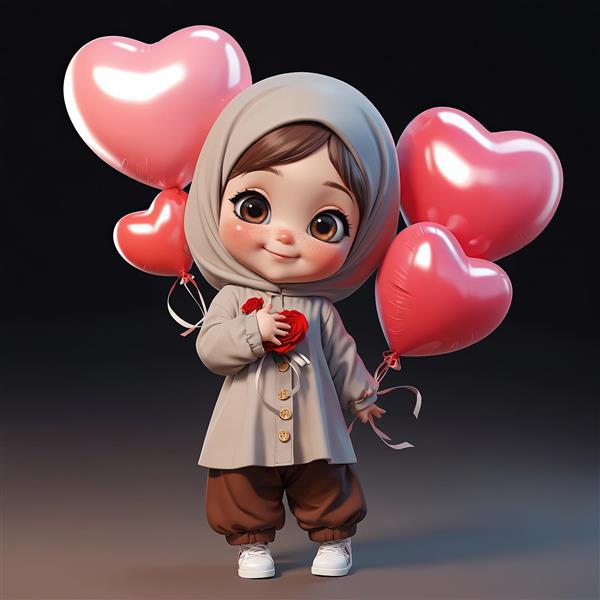 عکس سه‌بعدی دختر با حجاب و بادکنک قلب صورتی و قرمز در پس زمینه تیره استودیو