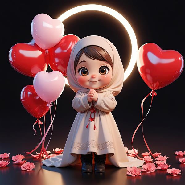 تصویر سه بعدی دختر محجبه با هاله نورانی و بادکنک قلب قرمز و صورتی برای پوستر